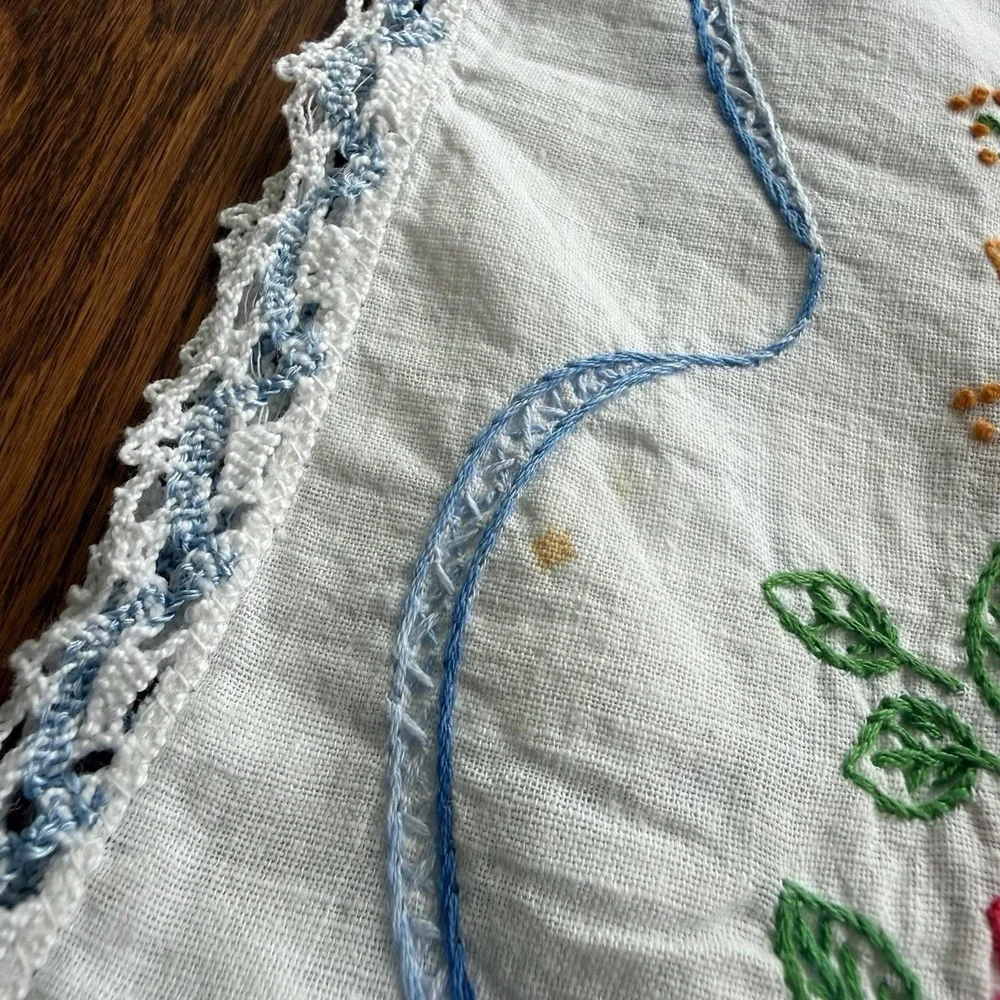 Vtg Hand-Embroidered Floral Linen Table Runner With Lace Tatted Edging 36